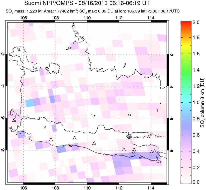 A sulfur dioxide image over Java, Indonesia on Aug 16, 2013.