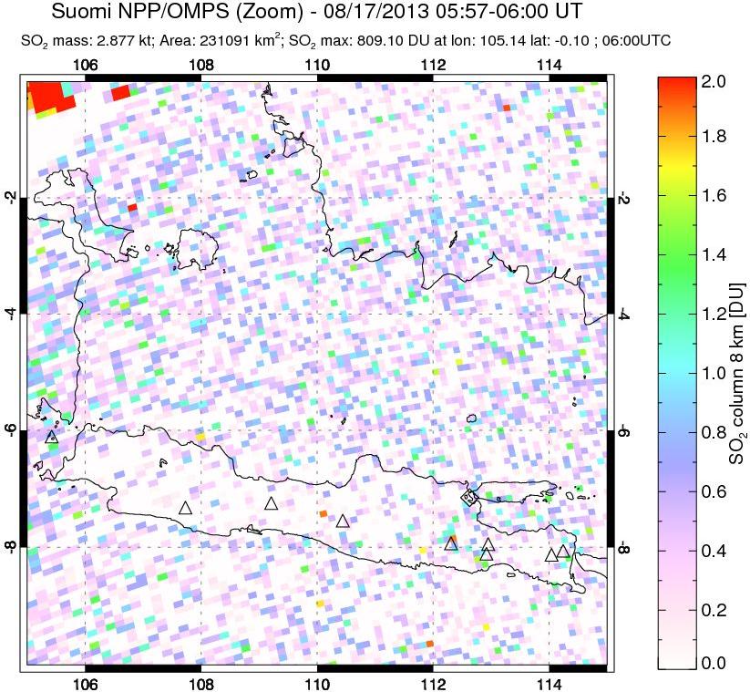 A sulfur dioxide image over Java, Indonesia on Aug 17, 2013.