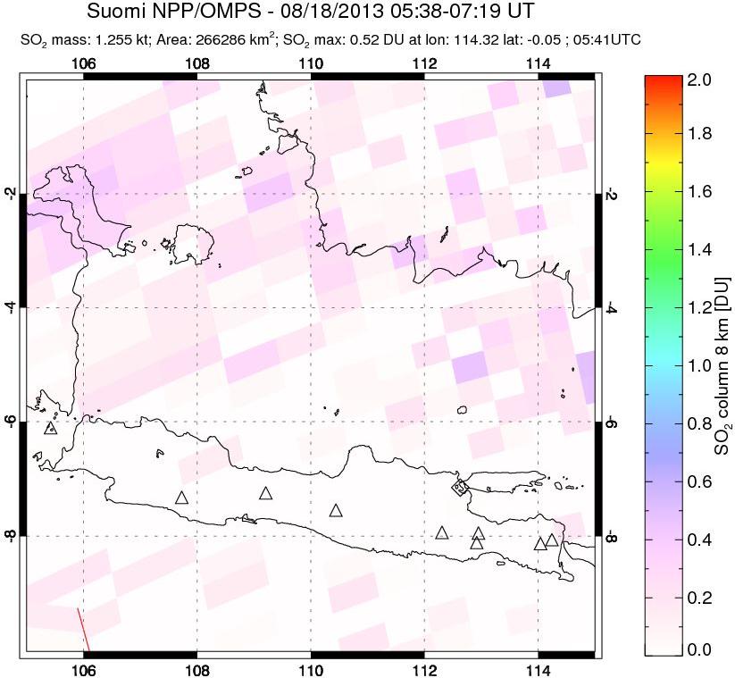 A sulfur dioxide image over Java, Indonesia on Aug 18, 2013.