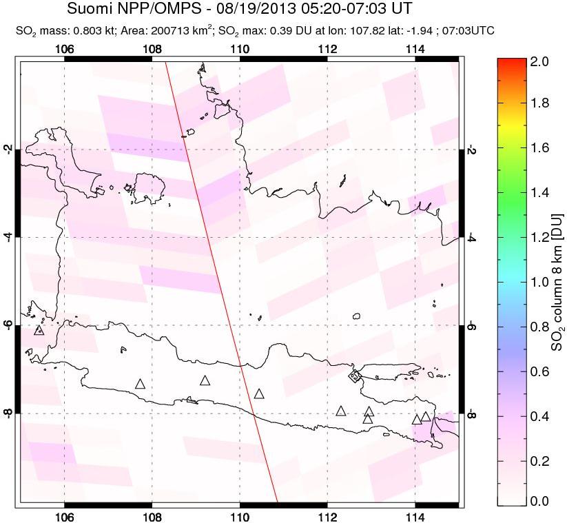 A sulfur dioxide image over Java, Indonesia on Aug 19, 2013.
