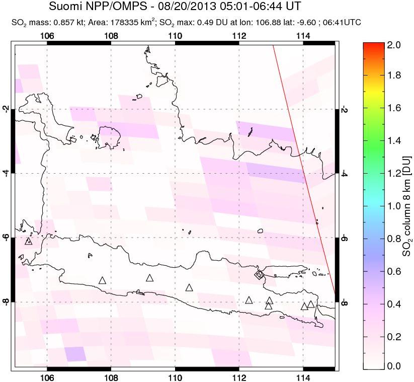 A sulfur dioxide image over Java, Indonesia on Aug 20, 2013.