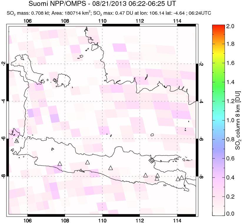 A sulfur dioxide image over Java, Indonesia on Aug 21, 2013.