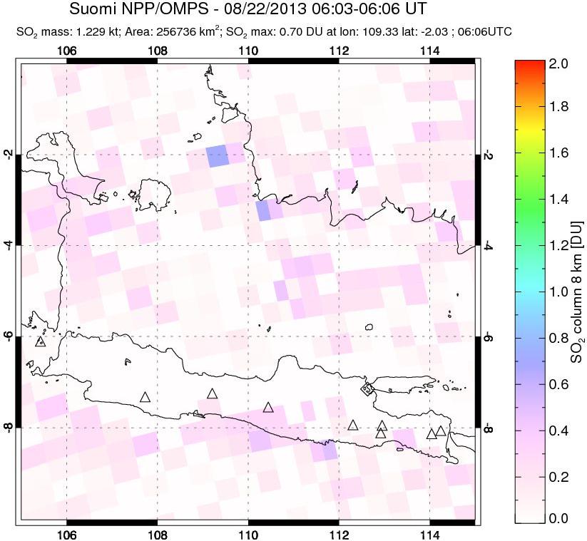 A sulfur dioxide image over Java, Indonesia on Aug 22, 2013.