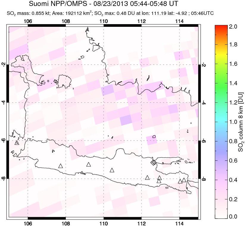 A sulfur dioxide image over Java, Indonesia on Aug 23, 2013.