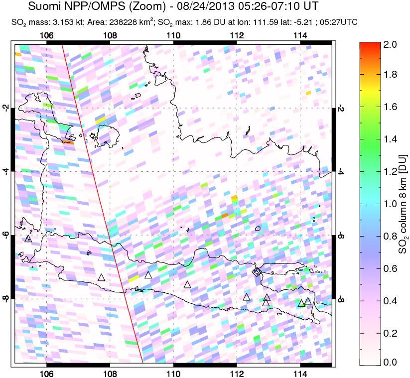 A sulfur dioxide image over Java, Indonesia on Aug 24, 2013.