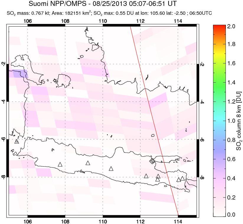 A sulfur dioxide image over Java, Indonesia on Aug 25, 2013.