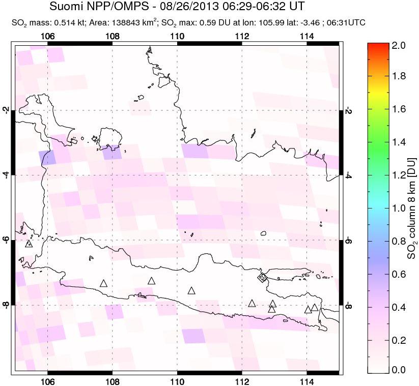 A sulfur dioxide image over Java, Indonesia on Aug 26, 2013.