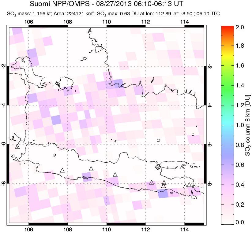 A sulfur dioxide image over Java, Indonesia on Aug 27, 2013.