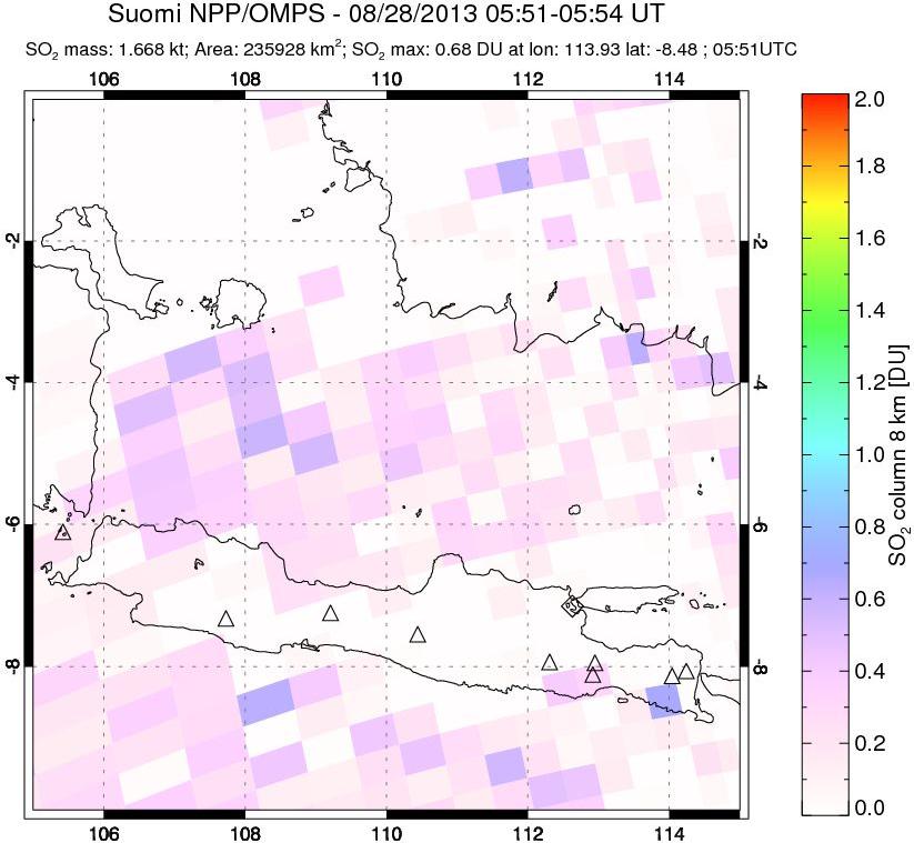A sulfur dioxide image over Java, Indonesia on Aug 28, 2013.