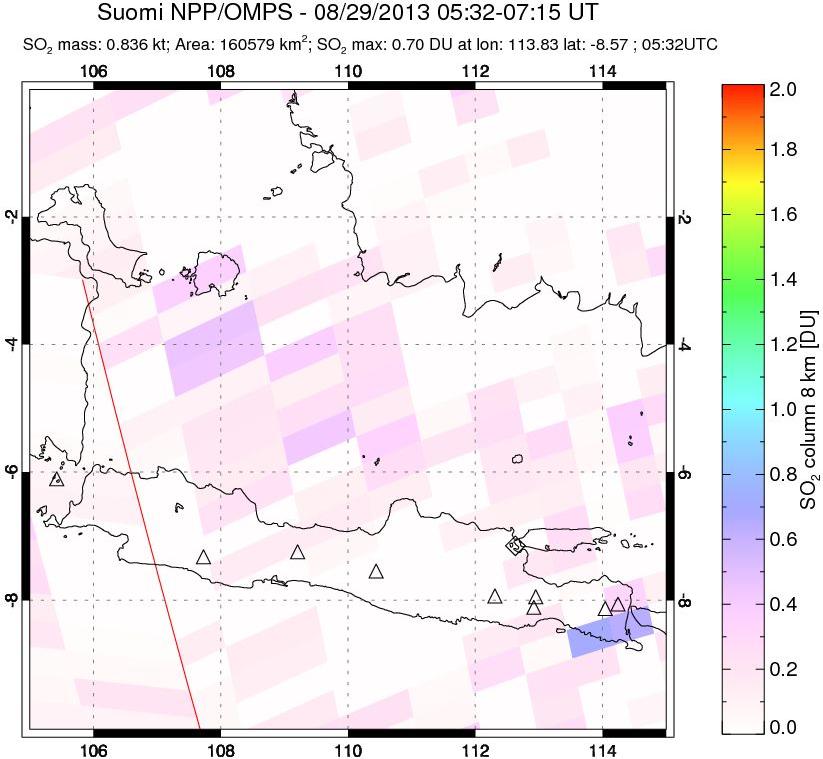 A sulfur dioxide image over Java, Indonesia on Aug 29, 2013.