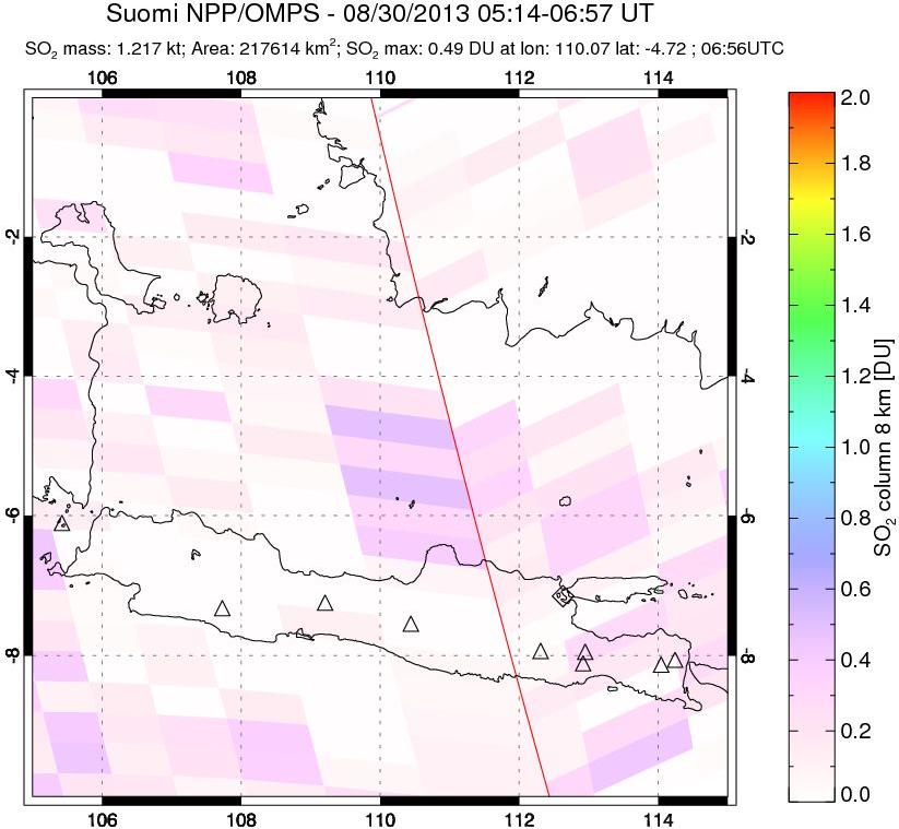 A sulfur dioxide image over Java, Indonesia on Aug 30, 2013.