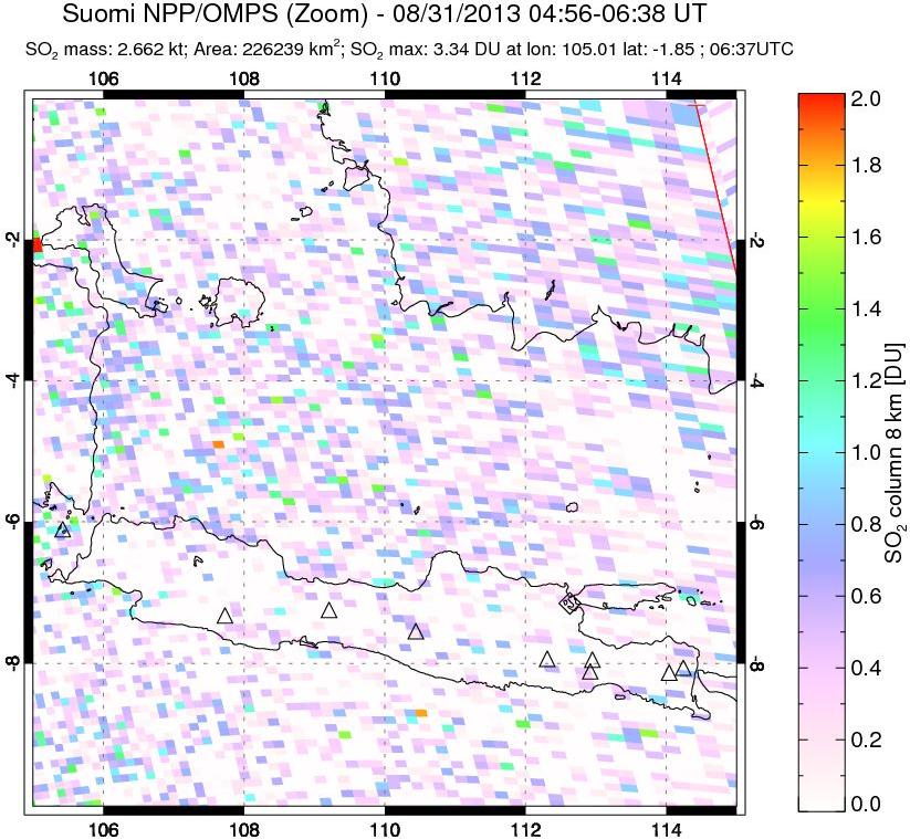 A sulfur dioxide image over Java, Indonesia on Aug 31, 2013.