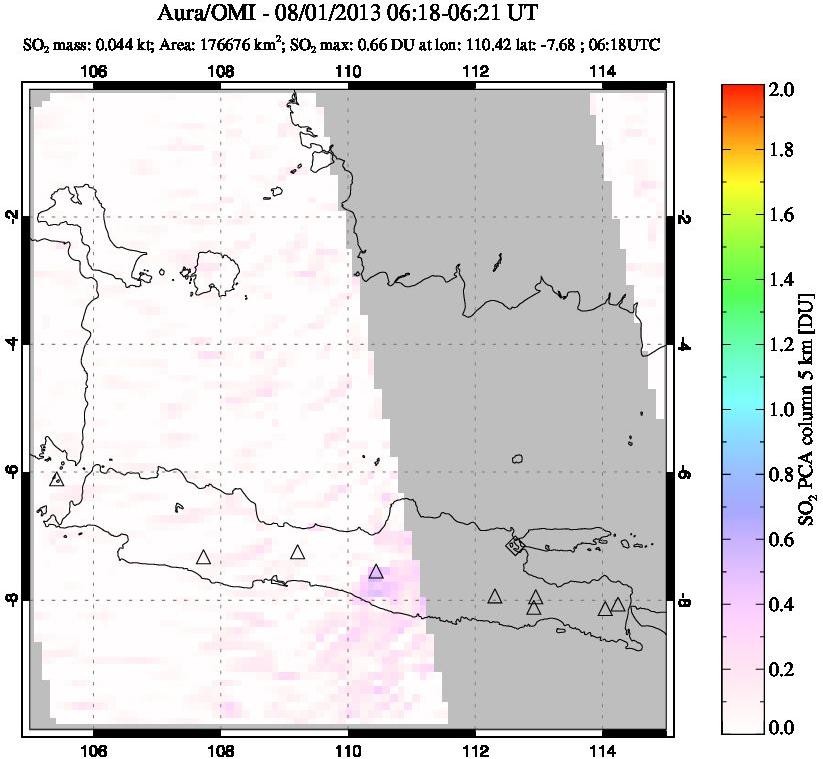 A sulfur dioxide image over Java, Indonesia on Aug 01, 2013.