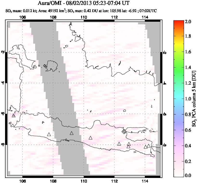 A sulfur dioxide image over Java, Indonesia on Aug 02, 2013.