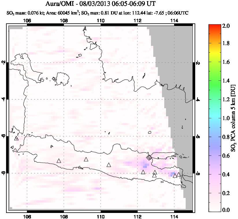 A sulfur dioxide image over Java, Indonesia on Aug 03, 2013.