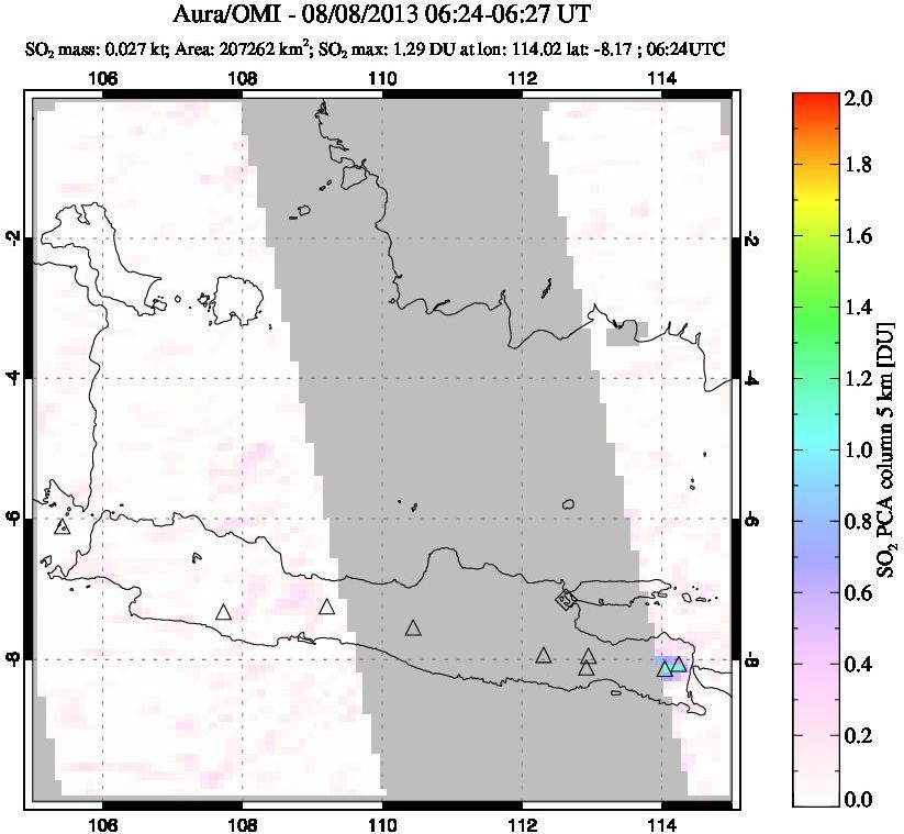 A sulfur dioxide image over Java, Indonesia on Aug 08, 2013.