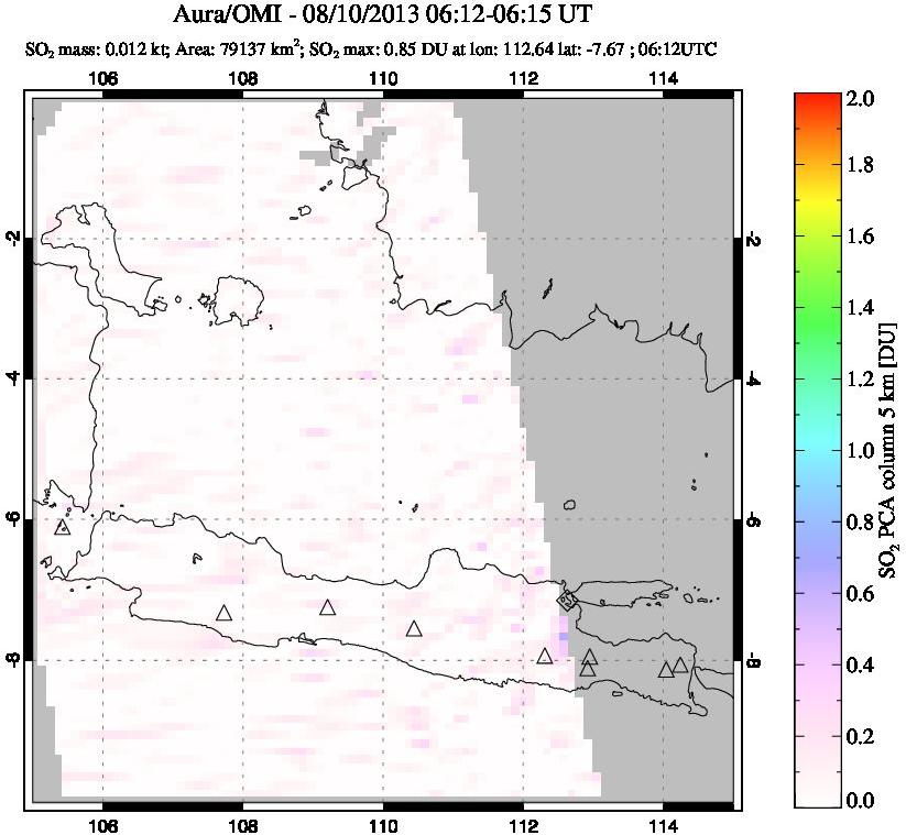A sulfur dioxide image over Java, Indonesia on Aug 10, 2013.