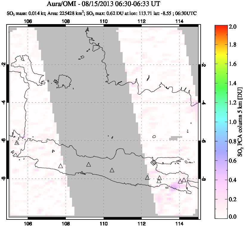 A sulfur dioxide image over Java, Indonesia on Aug 15, 2013.
