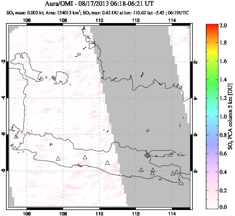 A sulfur dioxide image over Java, Indonesia on Aug 17, 2013.