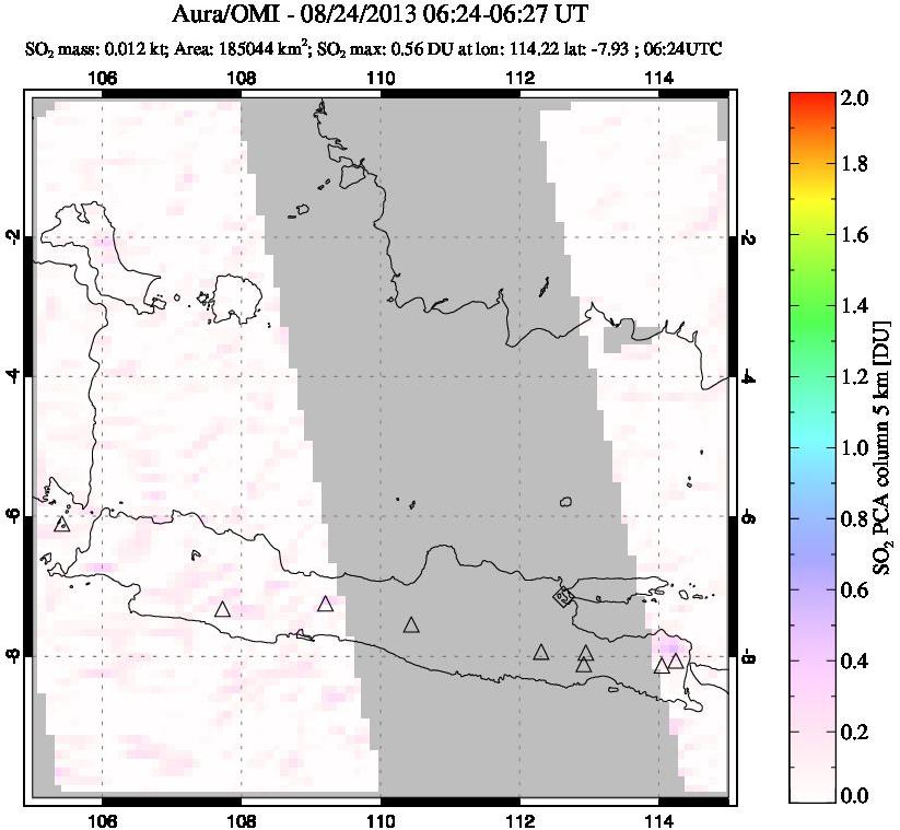 A sulfur dioxide image over Java, Indonesia on Aug 24, 2013.