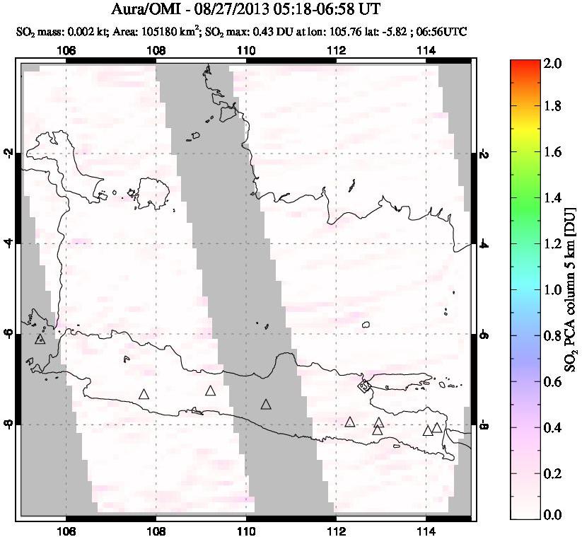 A sulfur dioxide image over Java, Indonesia on Aug 27, 2013.