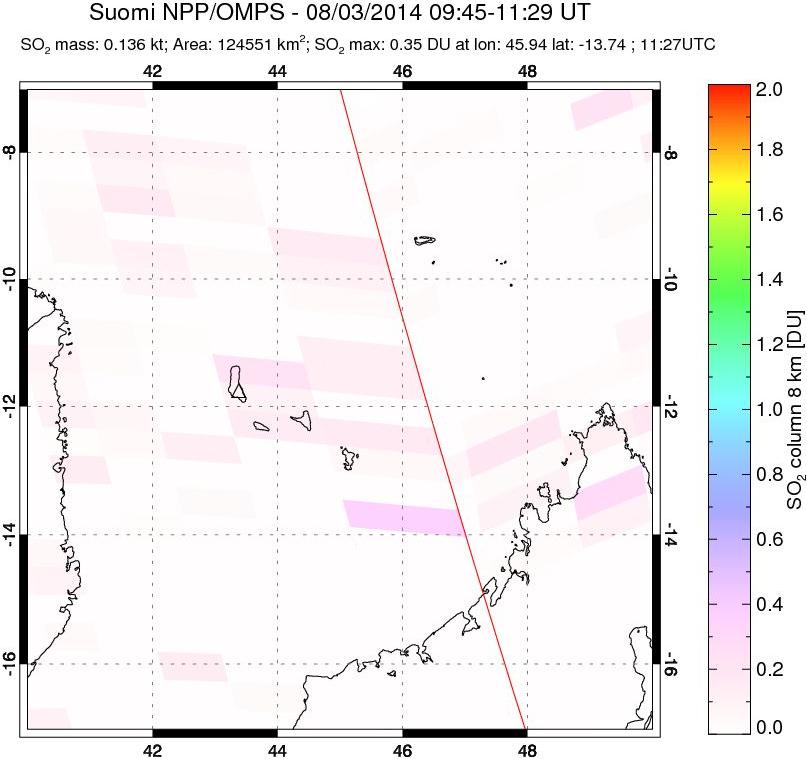 A sulfur dioxide image over Comoro Islands on Aug 03, 2014.