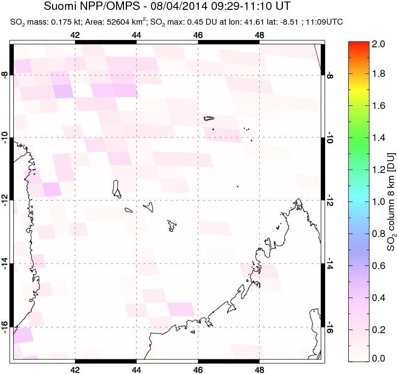 A sulfur dioxide image over Comoro Islands on Aug 04, 2014.
