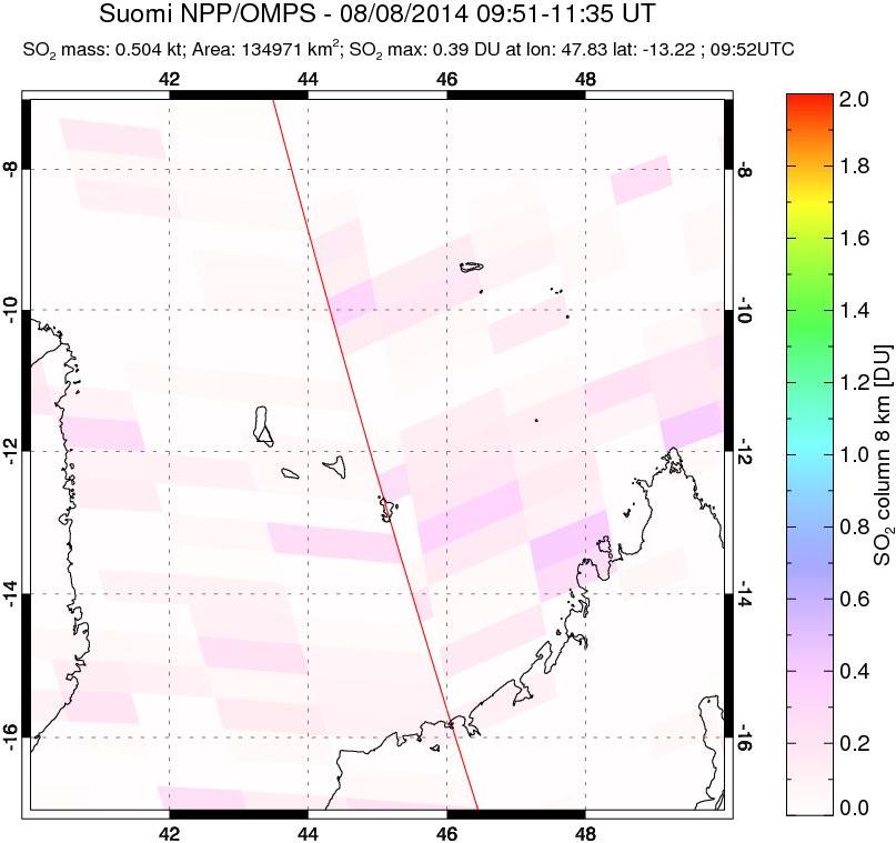 A sulfur dioxide image over Comoro Islands on Aug 08, 2014.