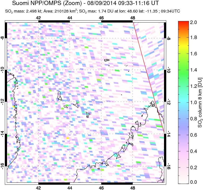 A sulfur dioxide image over Comoro Islands on Aug 09, 2014.