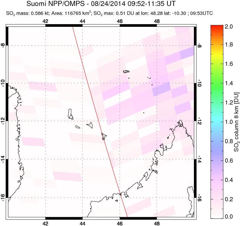 A sulfur dioxide image over Comoro Islands on Aug 24, 2014.