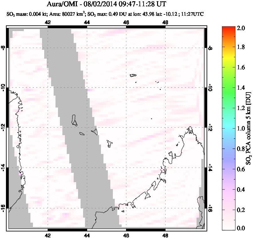 A sulfur dioxide image over Comoro Islands on Aug 02, 2014.