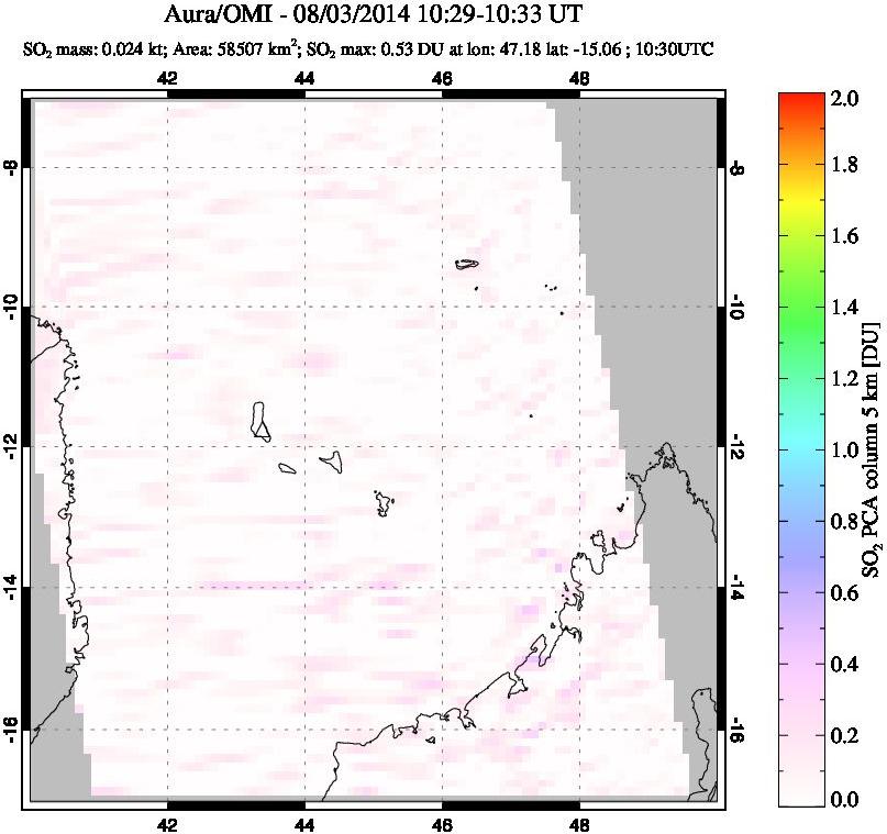 A sulfur dioxide image over Comoro Islands on Aug 03, 2014.