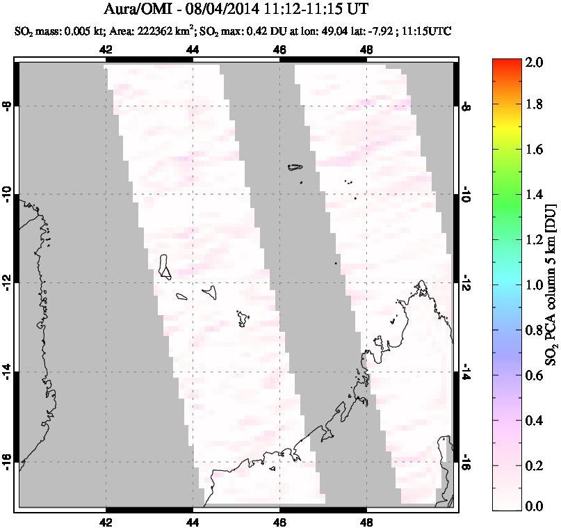 A sulfur dioxide image over Comoro Islands on Aug 04, 2014.