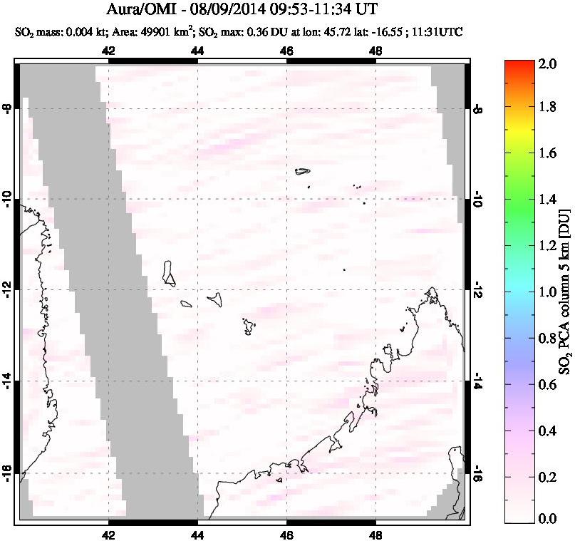 A sulfur dioxide image over Comoro Islands on Aug 09, 2014.