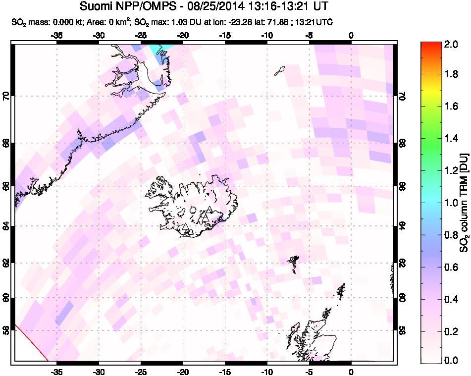 A sulfur dioxide image over Iceland on Aug 25, 2014.