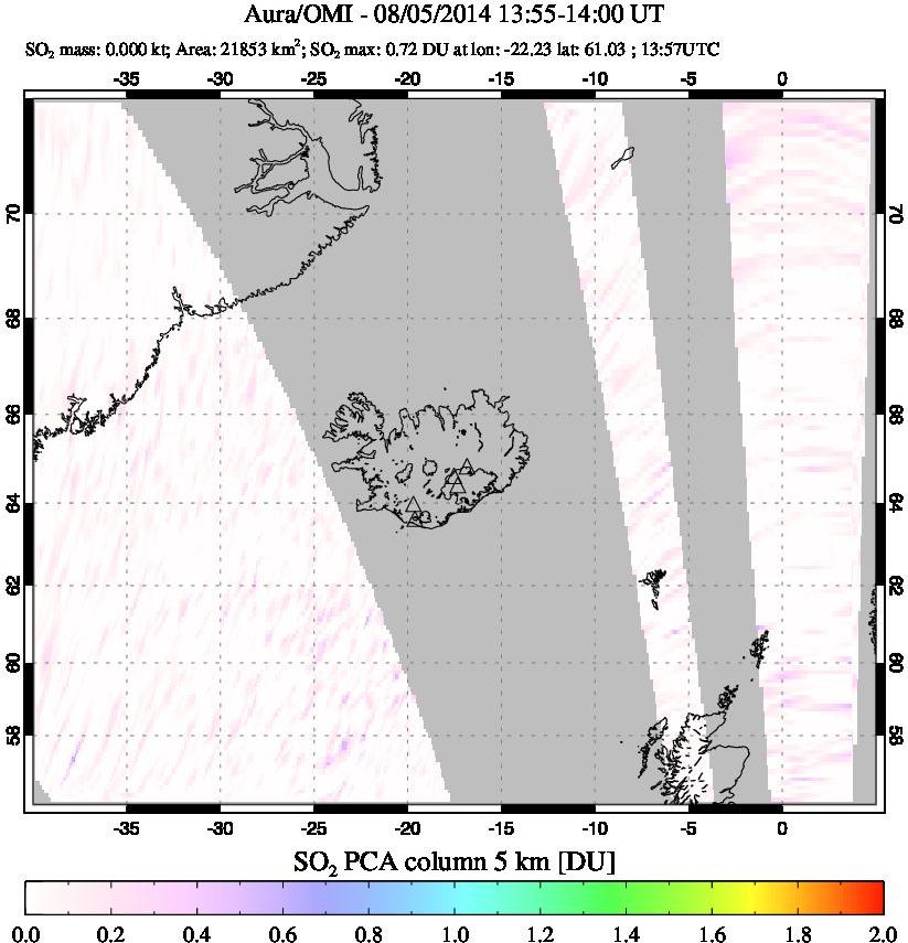 A sulfur dioxide image over Iceland on Aug 05, 2014.