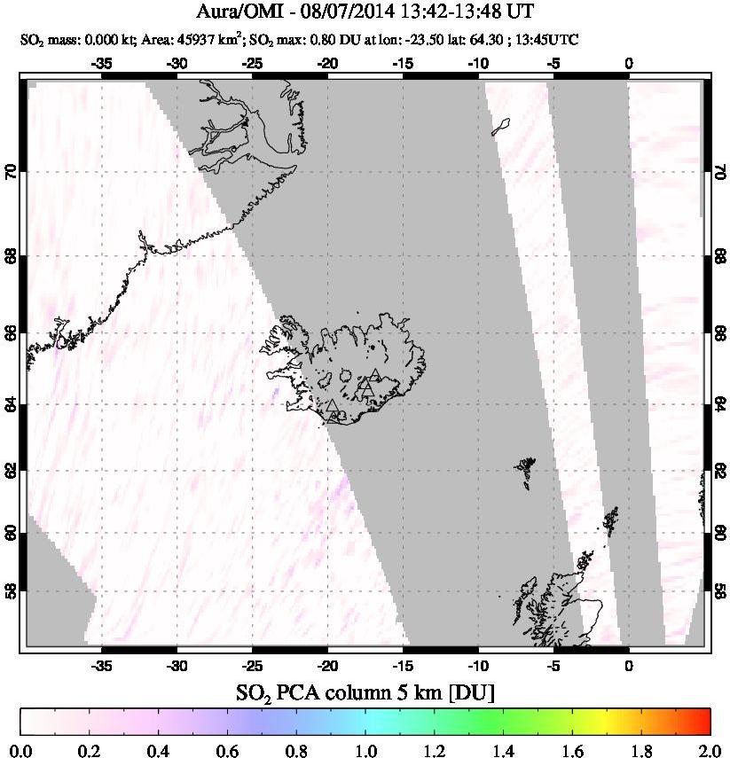 A sulfur dioxide image over Iceland on Aug 07, 2014.