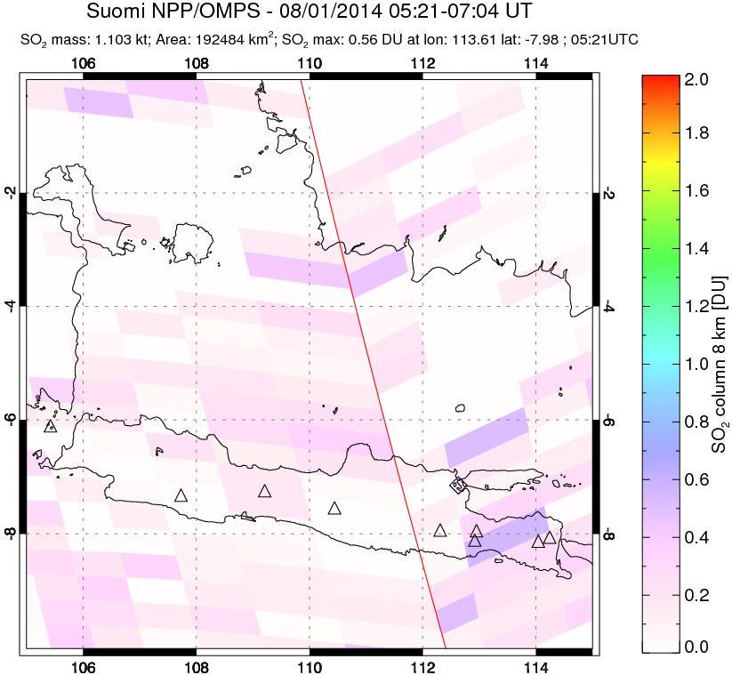 A sulfur dioxide image over Java, Indonesia on Aug 01, 2014.