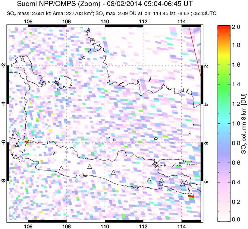 A sulfur dioxide image over Java, Indonesia on Aug 02, 2014.