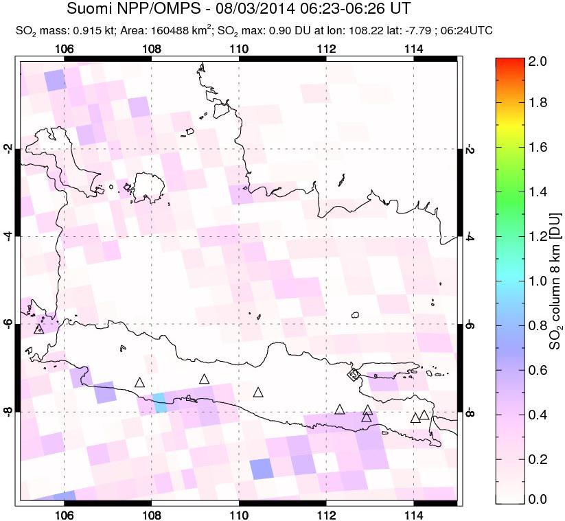 A sulfur dioxide image over Java, Indonesia on Aug 03, 2014.