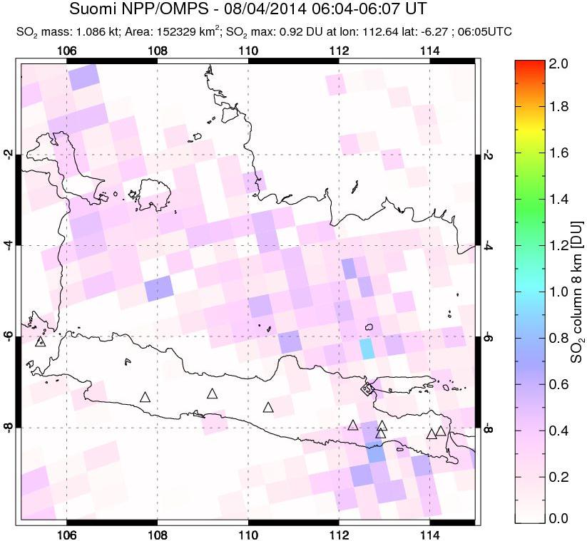 A sulfur dioxide image over Java, Indonesia on Aug 04, 2014.
