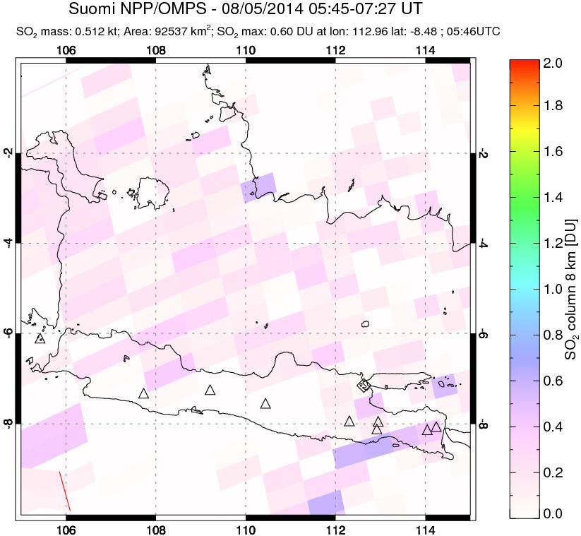 A sulfur dioxide image over Java, Indonesia on Aug 05, 2014.