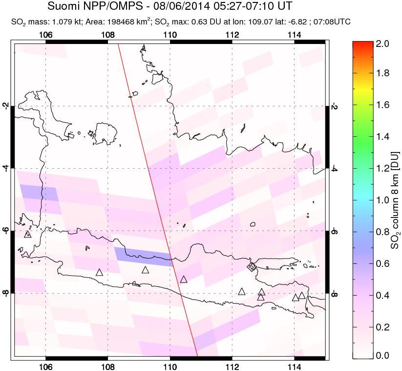 A sulfur dioxide image over Java, Indonesia on Aug 06, 2014.