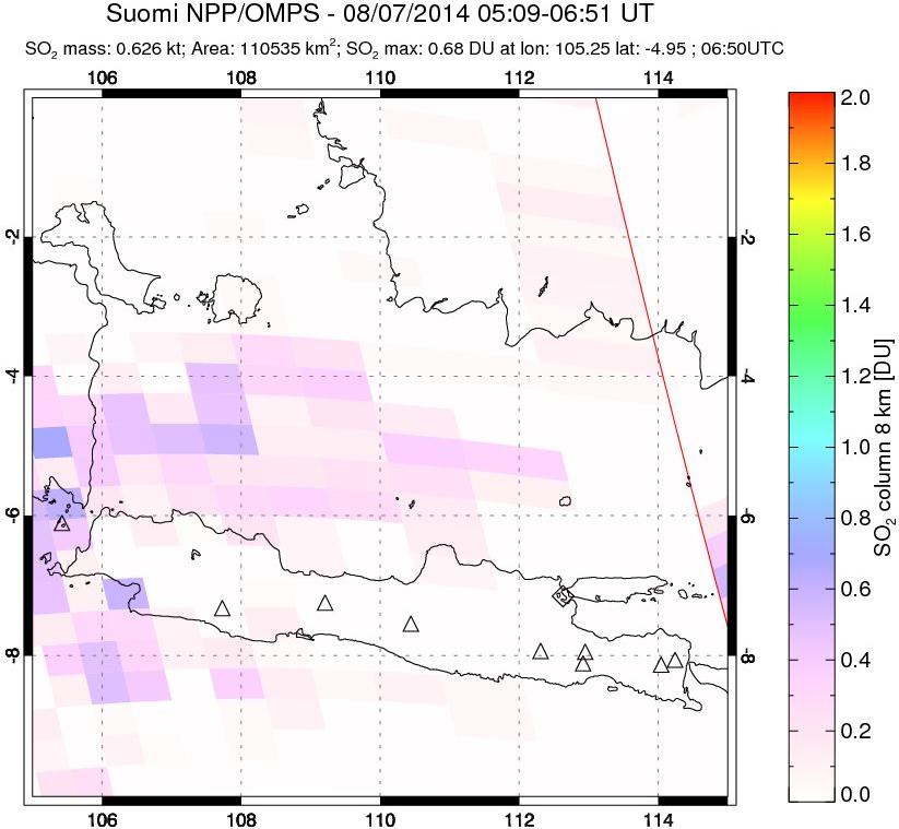 A sulfur dioxide image over Java, Indonesia on Aug 07, 2014.