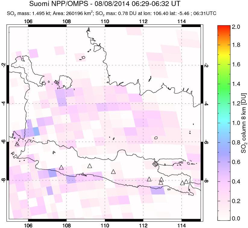 A sulfur dioxide image over Java, Indonesia on Aug 08, 2014.