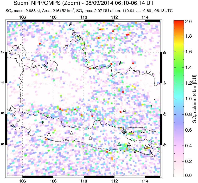 A sulfur dioxide image over Java, Indonesia on Aug 09, 2014.