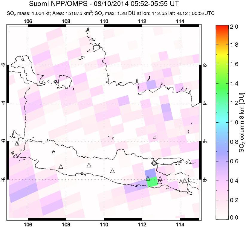 A sulfur dioxide image over Java, Indonesia on Aug 10, 2014.