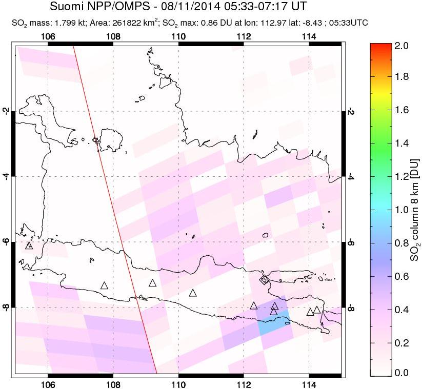 A sulfur dioxide image over Java, Indonesia on Aug 11, 2014.