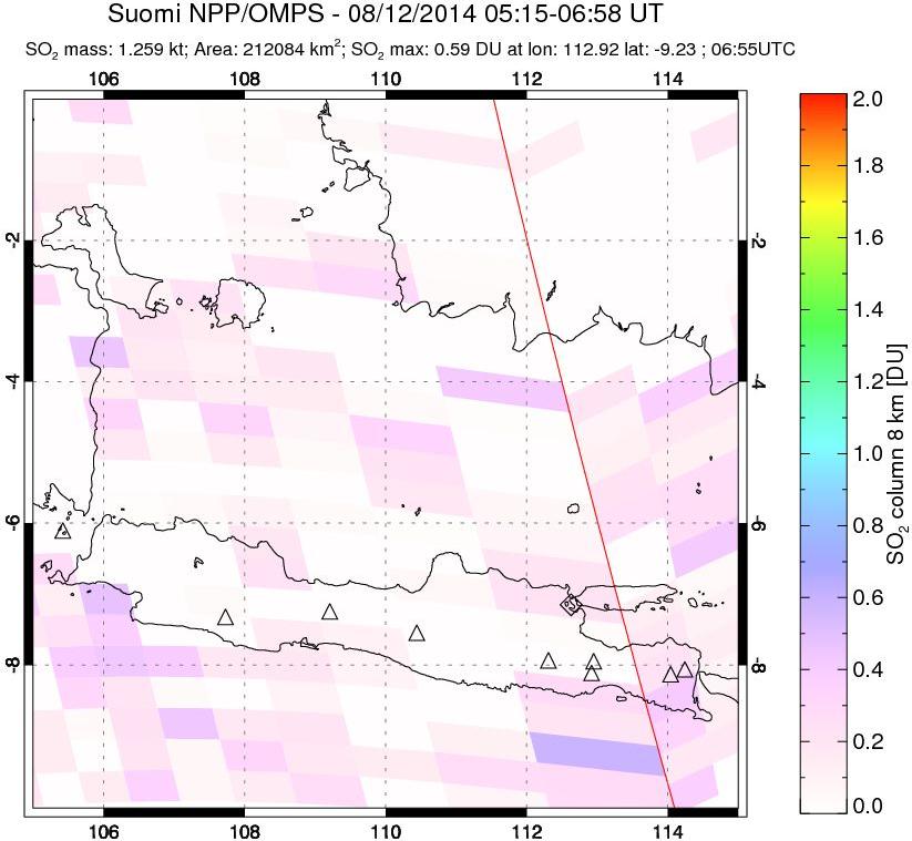 A sulfur dioxide image over Java, Indonesia on Aug 12, 2014.
