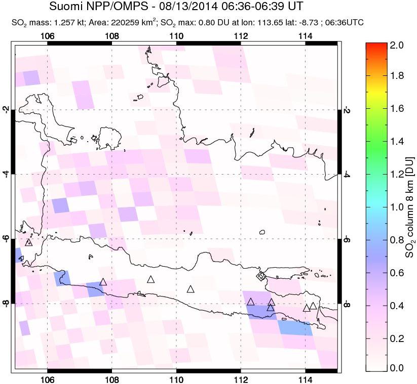 A sulfur dioxide image over Java, Indonesia on Aug 13, 2014.